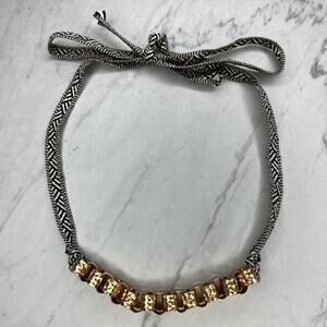 Gold Tone Hammered Metal Chain Link with Woven Tie Necklace